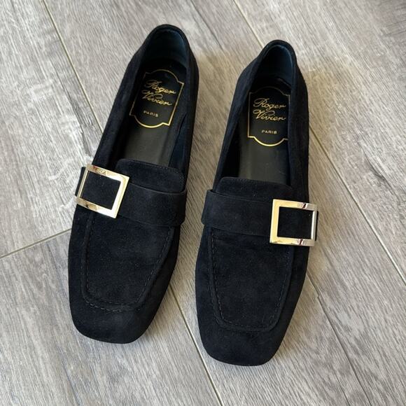 Roger Vivier Black Suede Buckle Loafers EU 35.5 US 5–5.5 Gold Hardware EUC - Picture 2 of 6
